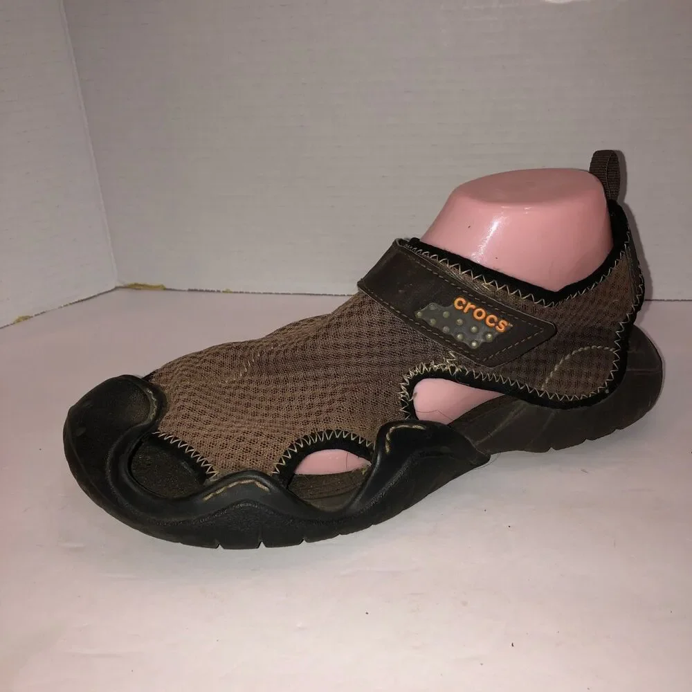 Crocs Mens Size 10 Brown Black Swiftwater Fisherman Mesh Deck Sandals Shoes